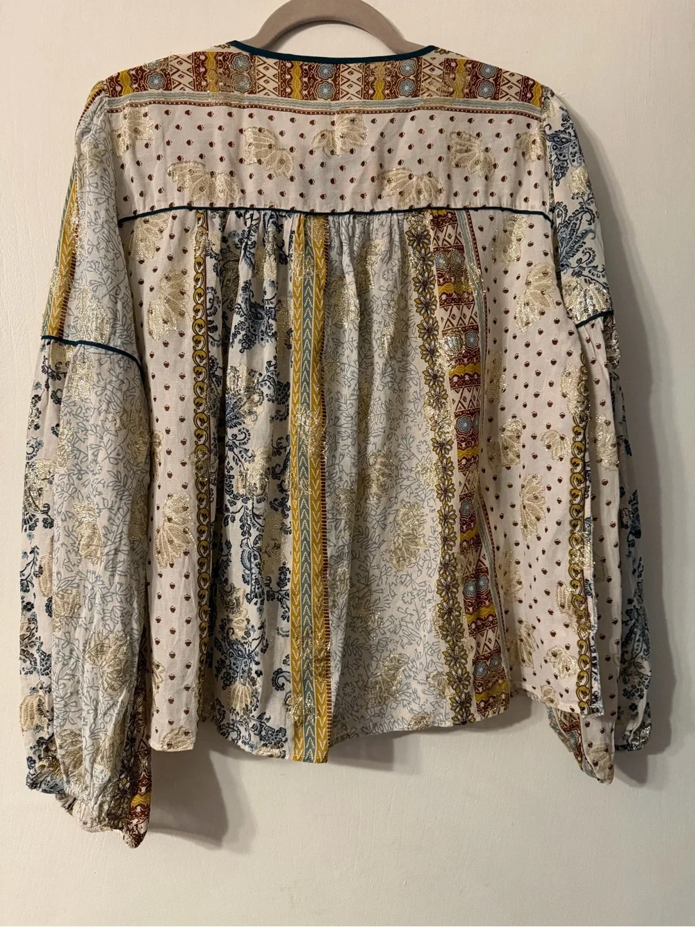 Zara Woman Patchwork Multicolor Peasant Top with Velveteen Ties & Piping Sz XL